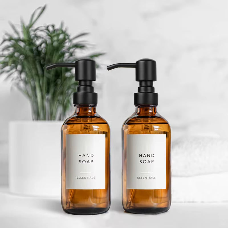 Amber Glass Pump Bottle Dispenser Set for Liquid Soap and Lotion, 2 Pieces, 8 Oz (250 Ml)