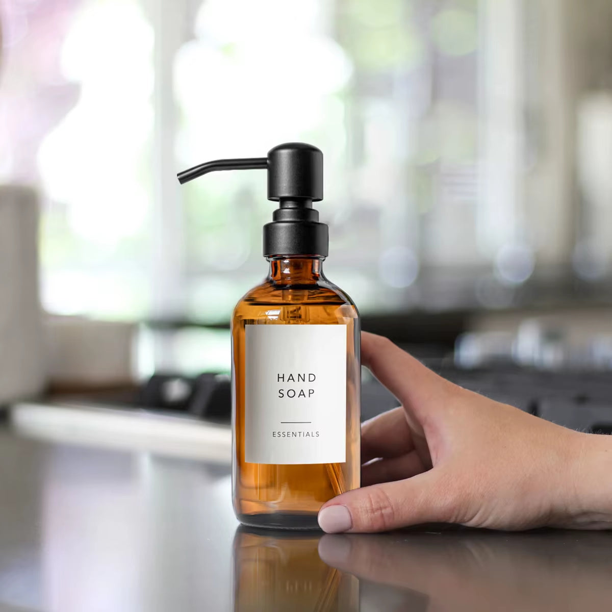 Amber Glass Pump Bottle Dispenser Set for Liquid Soap and Lotion, 2 Pieces, 8 Oz (250 Ml)