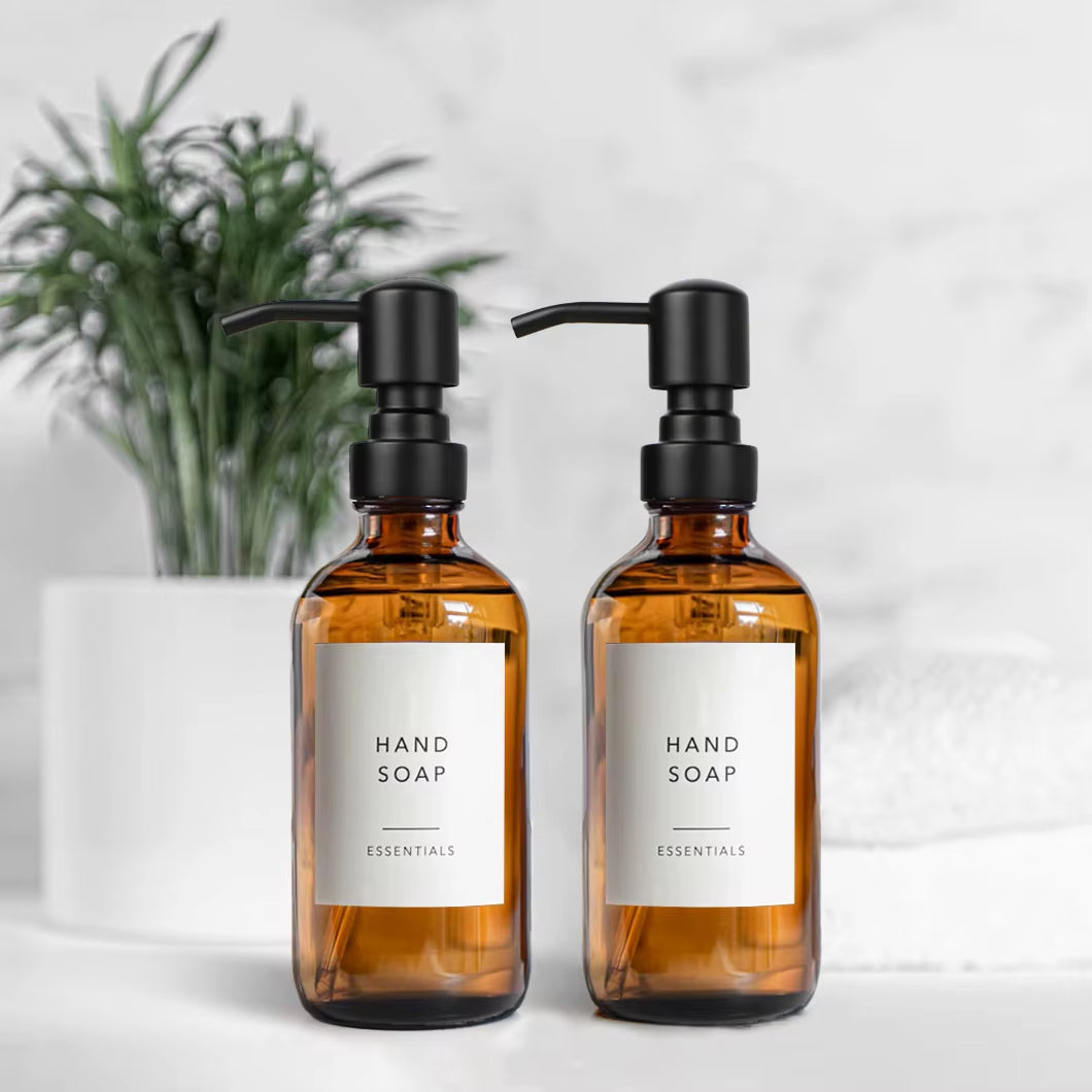 Amber Glass Pump Bottle Dispenser Set for Liquid Soap and Lotion, 2 Pieces, 8 Oz (250 Ml)