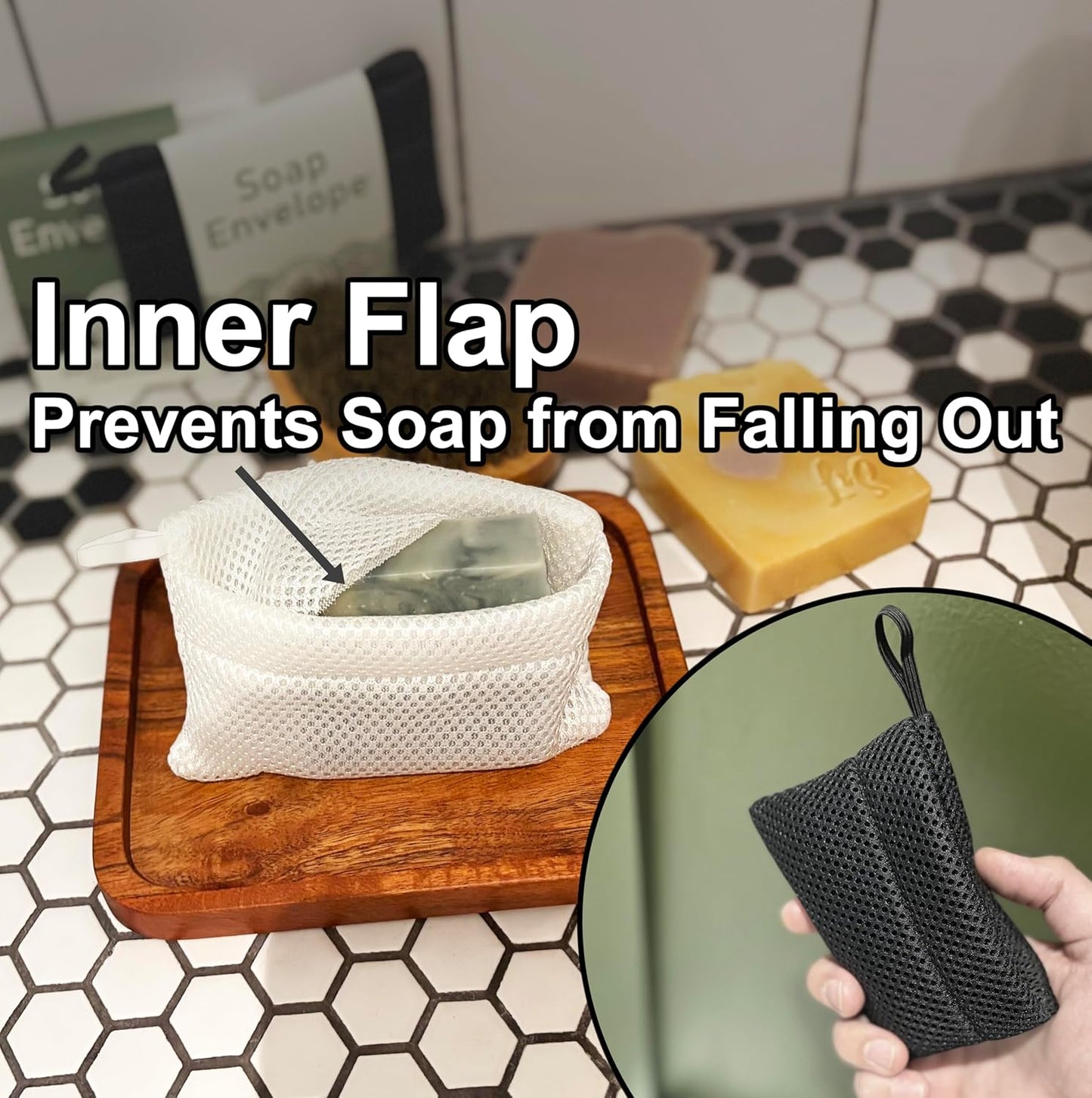 100% Recycled Soap Bag, Soap Saver Pouch for Bar Soap, Loofah Bath Scrubber for Bar Soap + Medium Exfoliator, Mesh Soap Bag, Soap Sock, Soap Pouch - 1 Pack