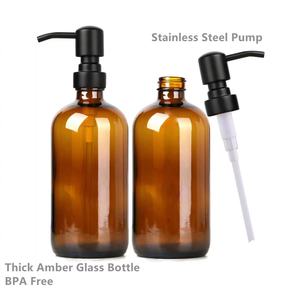 Amber Glass Soap Dispenser Set with Black Pump - 2 Piece 16oz (500ml) Liquid Hand Soap Dispenser for Bathroom and Kitchen