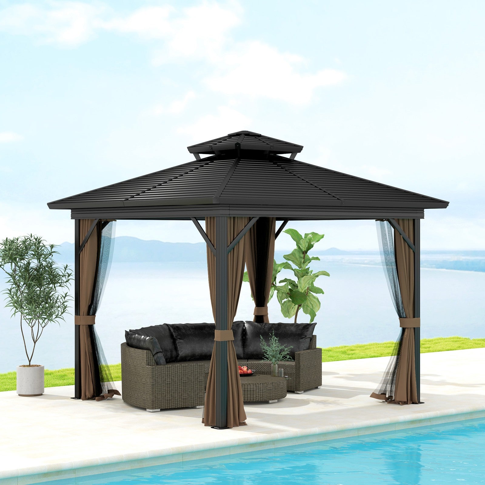 10' X 10' Hardtop Gazebo W/ Aluminum Frame Double Roof Sidewalls Brown