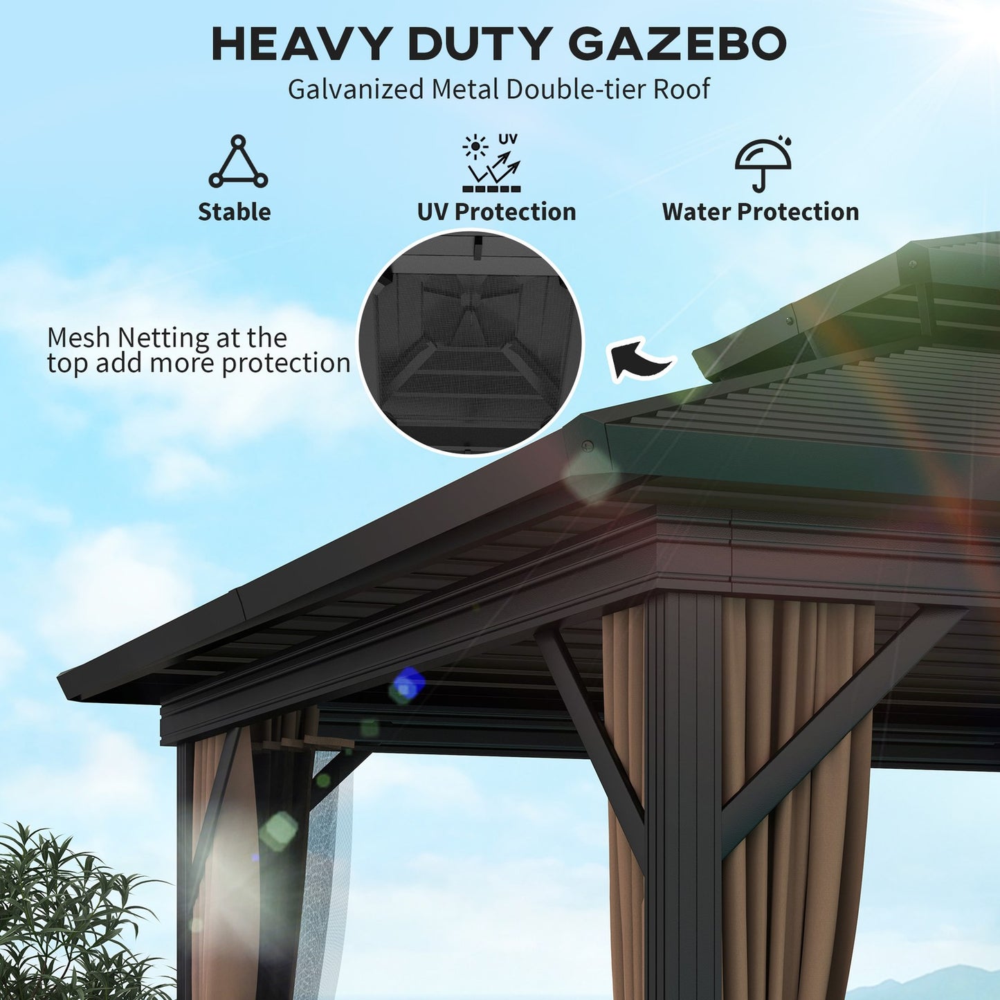 10' X 10' Hardtop Gazebo W/ Aluminum Frame Double Roof Sidewalls Brown