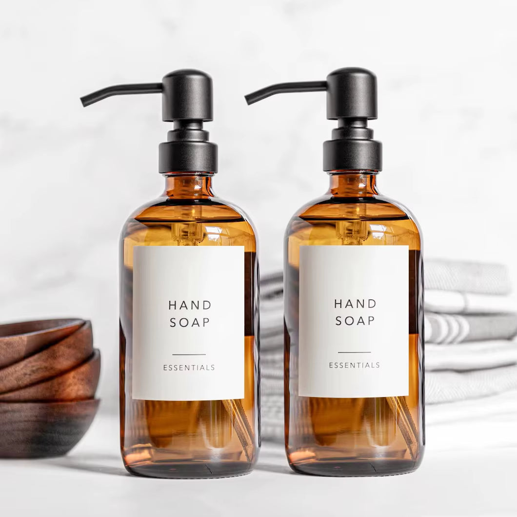 Amber Glass Soap Dispenser Set with Black Pump - 2 Piece 16oz (500ml) Liquid Hand Soap Dispenser for Bathroom and Kitchen