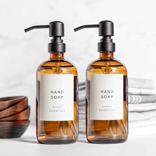 Amber Glass Soap Dispenser Set with Black Pump - 2 Piece 16oz (500ml) Liquid Hand Soap Dispenser for Bathroom and Kitchen
