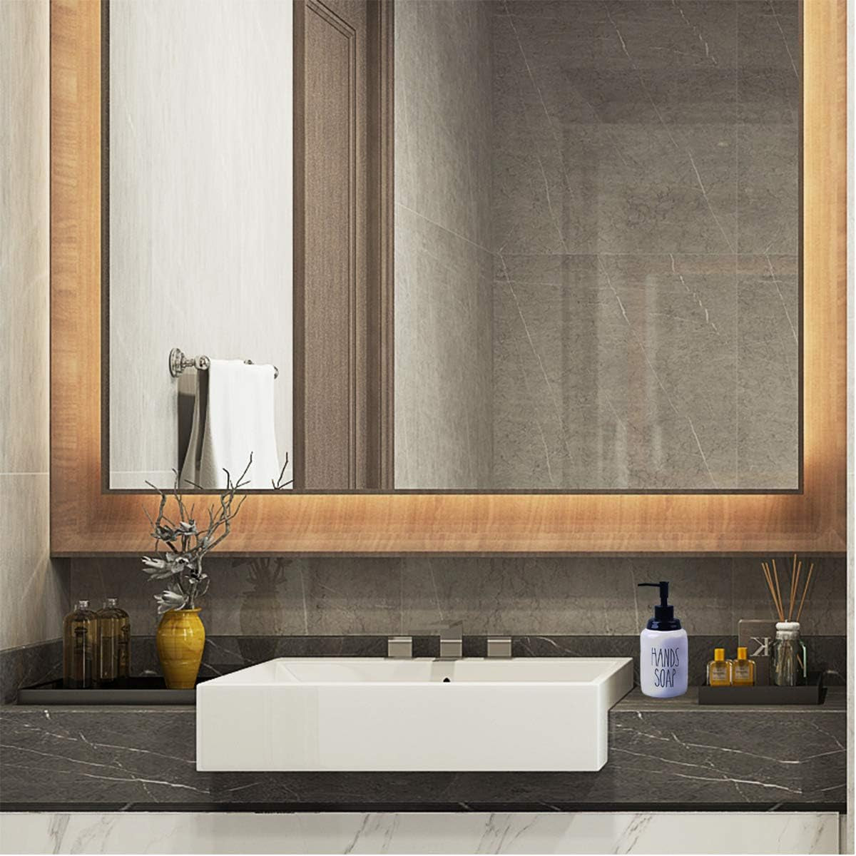 Ceramic Soap Dispenser Set for Dishes and Hands – Farmhouse Style Liquid Dispenser Bottles, Ideal for Kitchen Counter or Sink Décor (16 Oz, White with Black Pump and Lettering)