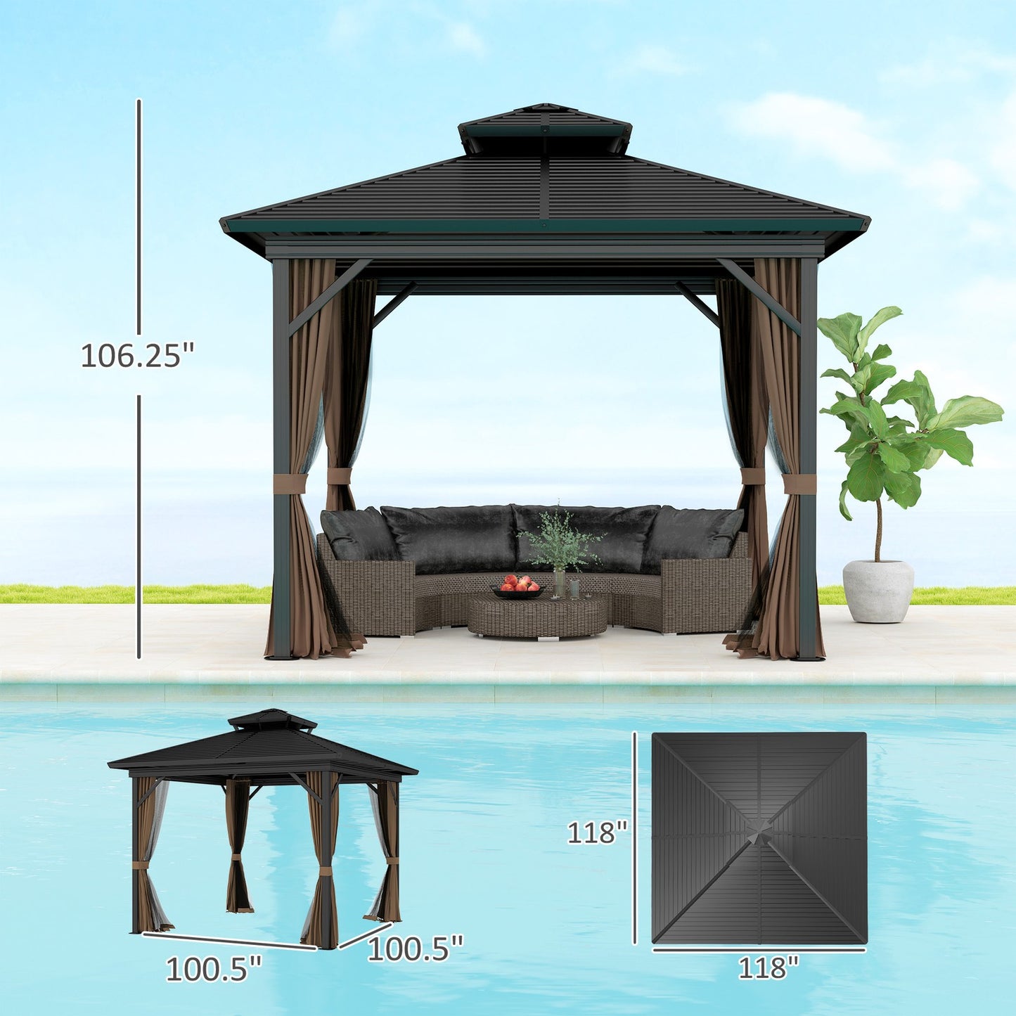 10' X 10' Hardtop Gazebo W/ Aluminum Frame Double Roof Sidewalls Brown