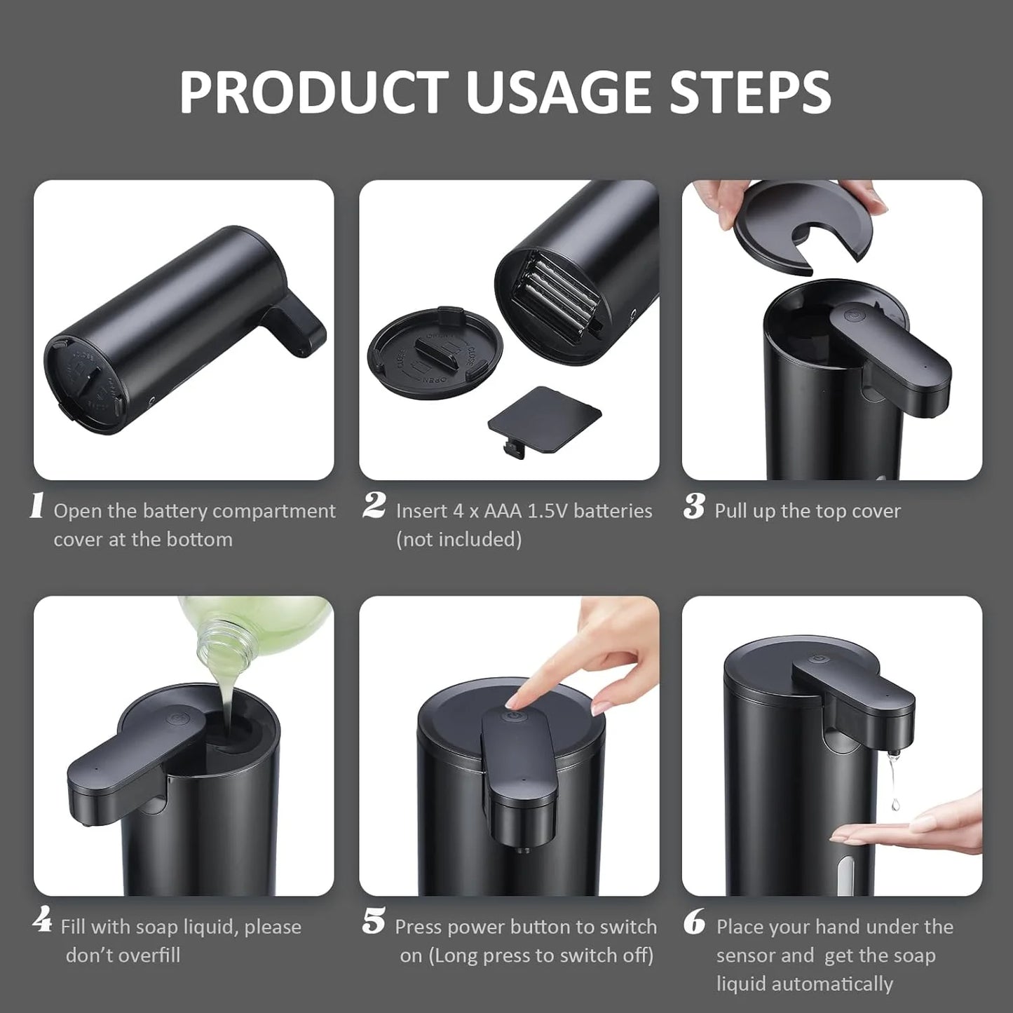 Automatic Soap Dispenser, Touchless Soap Dispenser, 3 Adjustable Volume Hand Free Soap Dispenser, Bathroom Soap Dispenser, Dish Soap Dispenser for Kitchen Bathroom, Liquid Soap Dispenser Black