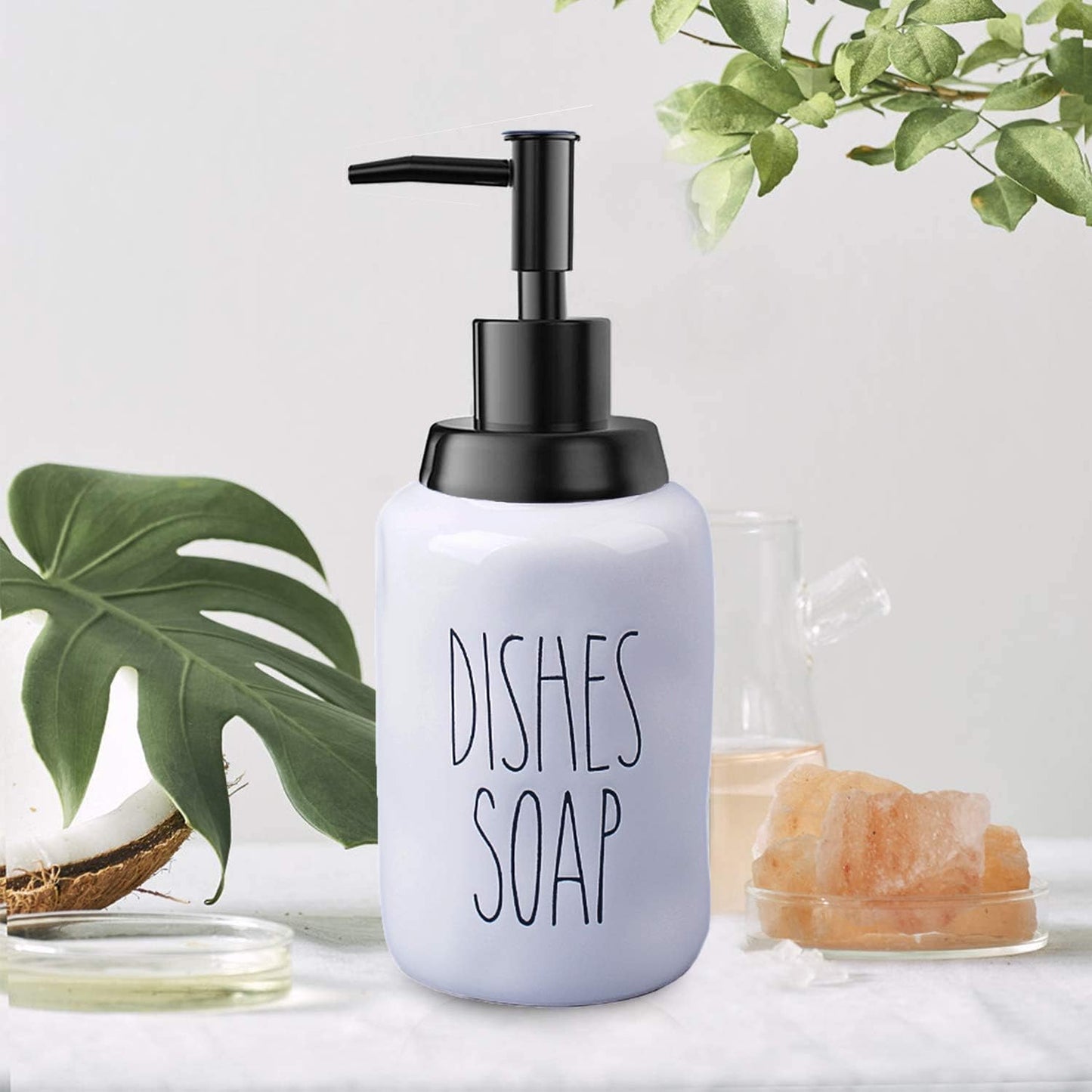 Ceramic Soap Dispenser Set for Dishes and Hands – Farmhouse Style Liquid Dispenser Bottles, Ideal for Kitchen Counter or Sink Décor (16 Oz, White with Black Pump and Lettering)
