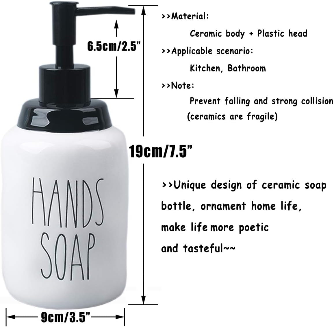 Ceramic Soap Dispenser Set for Dishes and Hands – Farmhouse Style Liquid Dispenser Bottles, Ideal for Kitchen Counter or Sink Décor (16 Oz, White with Black Pump and Lettering)