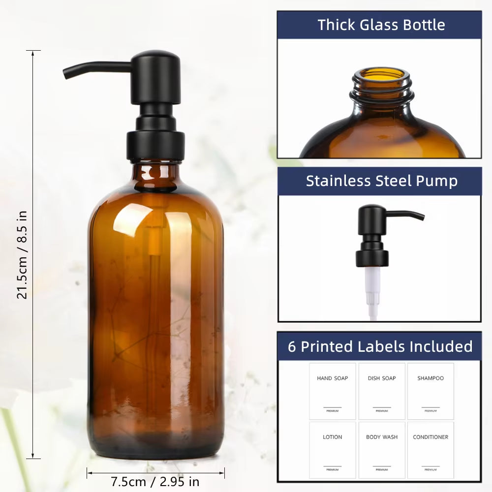 Amber Glass Soap Dispenser Set with Black Pump - 2 Piece 16oz (500ml) Liquid Hand Soap Dispenser for Bathroom and Kitchen