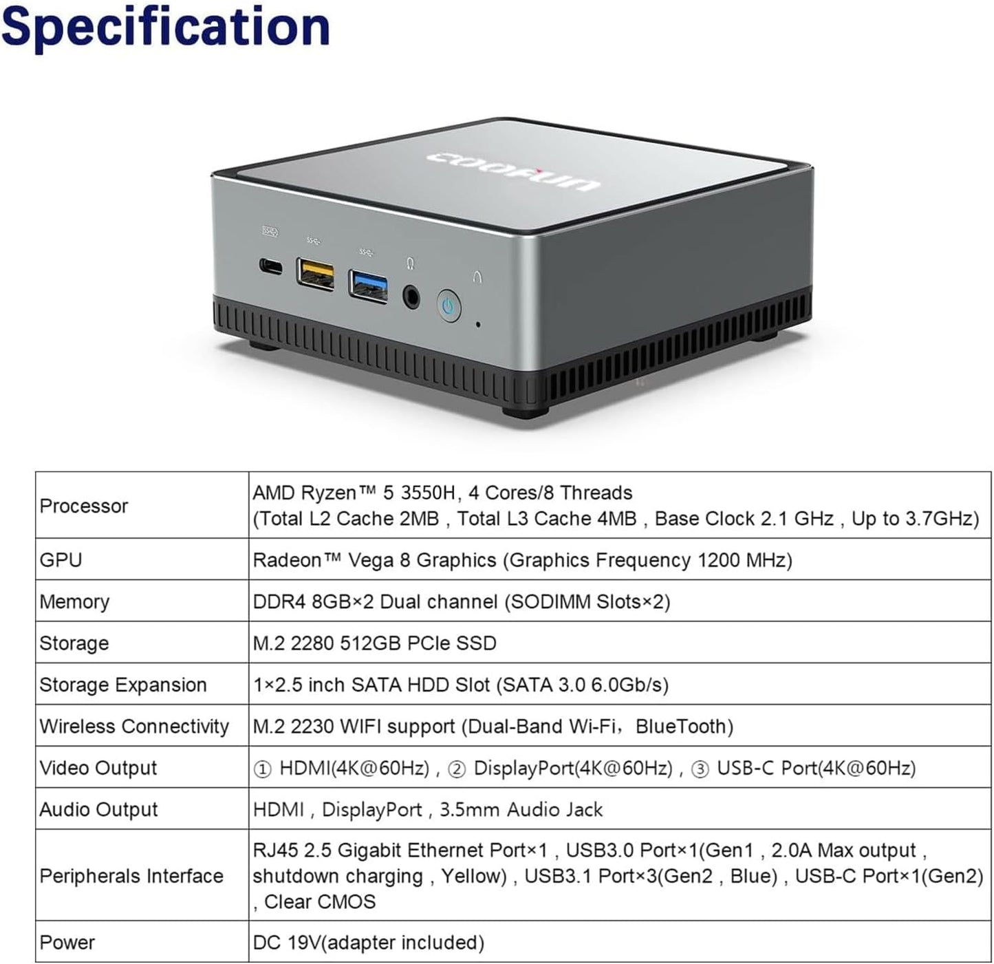 UM350 Mini PC 16 GB RAM 512 GB Pcie SSD AMD Ryzen 5 3550H Mini Computers with Upgradable Radeon Vega 8 Graphics, Dual-Band Wi-Fi, 4K HDMI/DP/USB-C Desktop Computer