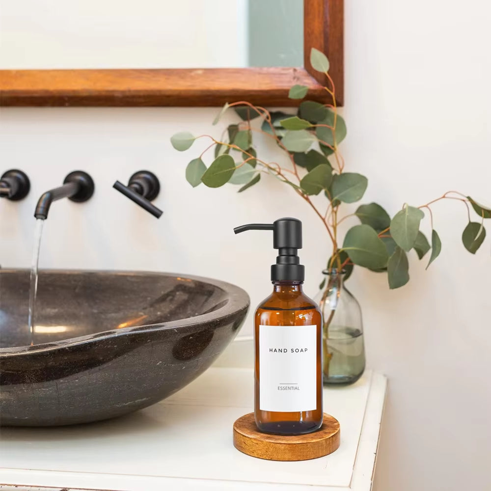 Amber Glass Pump Bottle Dispenser Set for Liquid Soap and Lotion, 2 Pieces, 8 Oz (250 Ml)