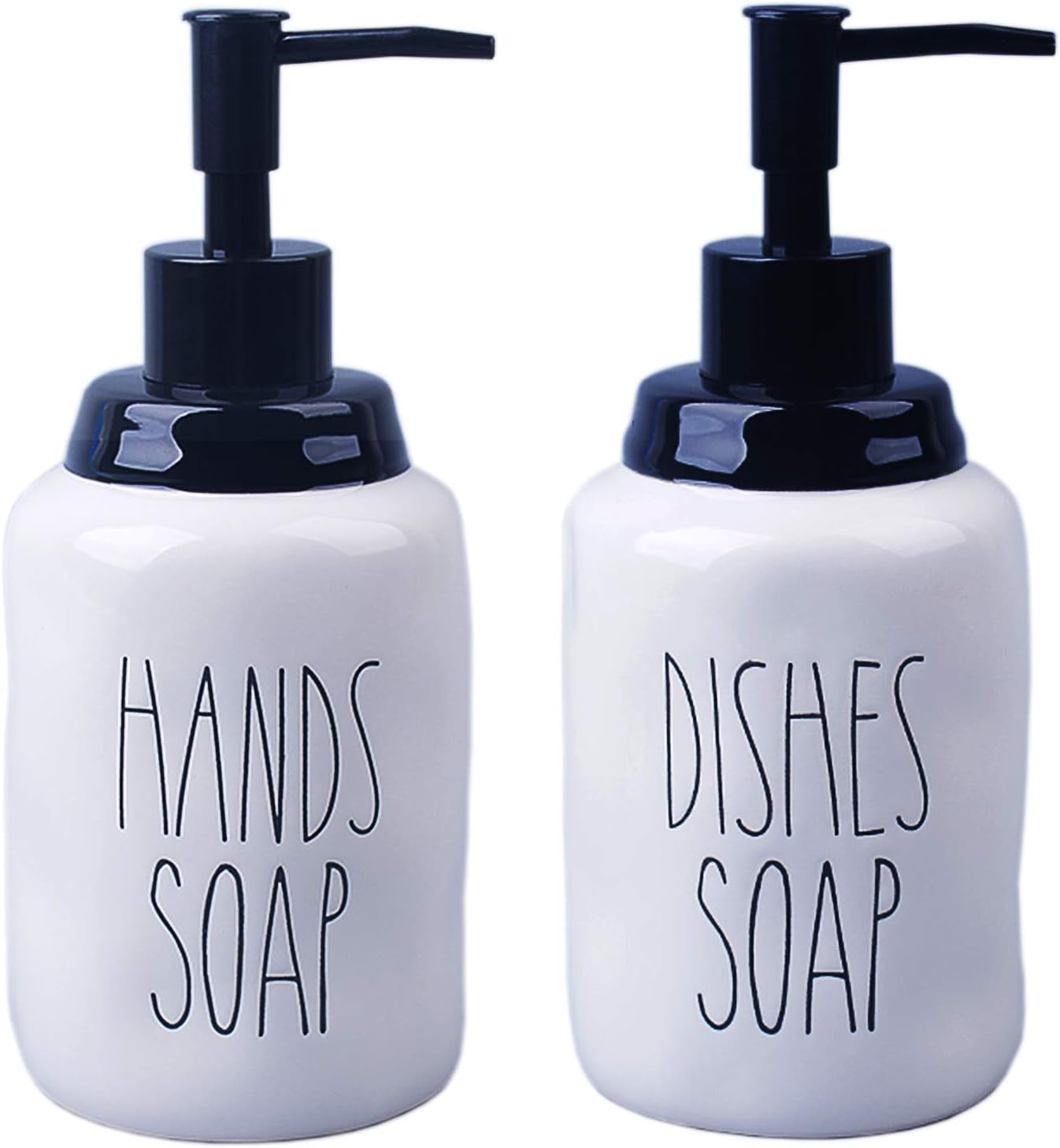 Ceramic Soap Dispenser Set for Dishes and Hands – Farmhouse Style Liquid Dispenser Bottles, Ideal for Kitchen Counter or Sink Décor (16 Oz, White with Black Pump and Lettering)