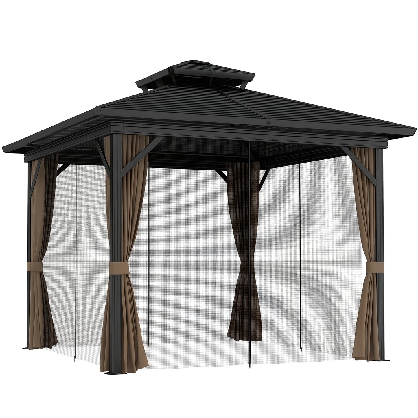 10' X 10' Hardtop Gazebo W/ Aluminum Frame Double Roof Sidewalls Brown