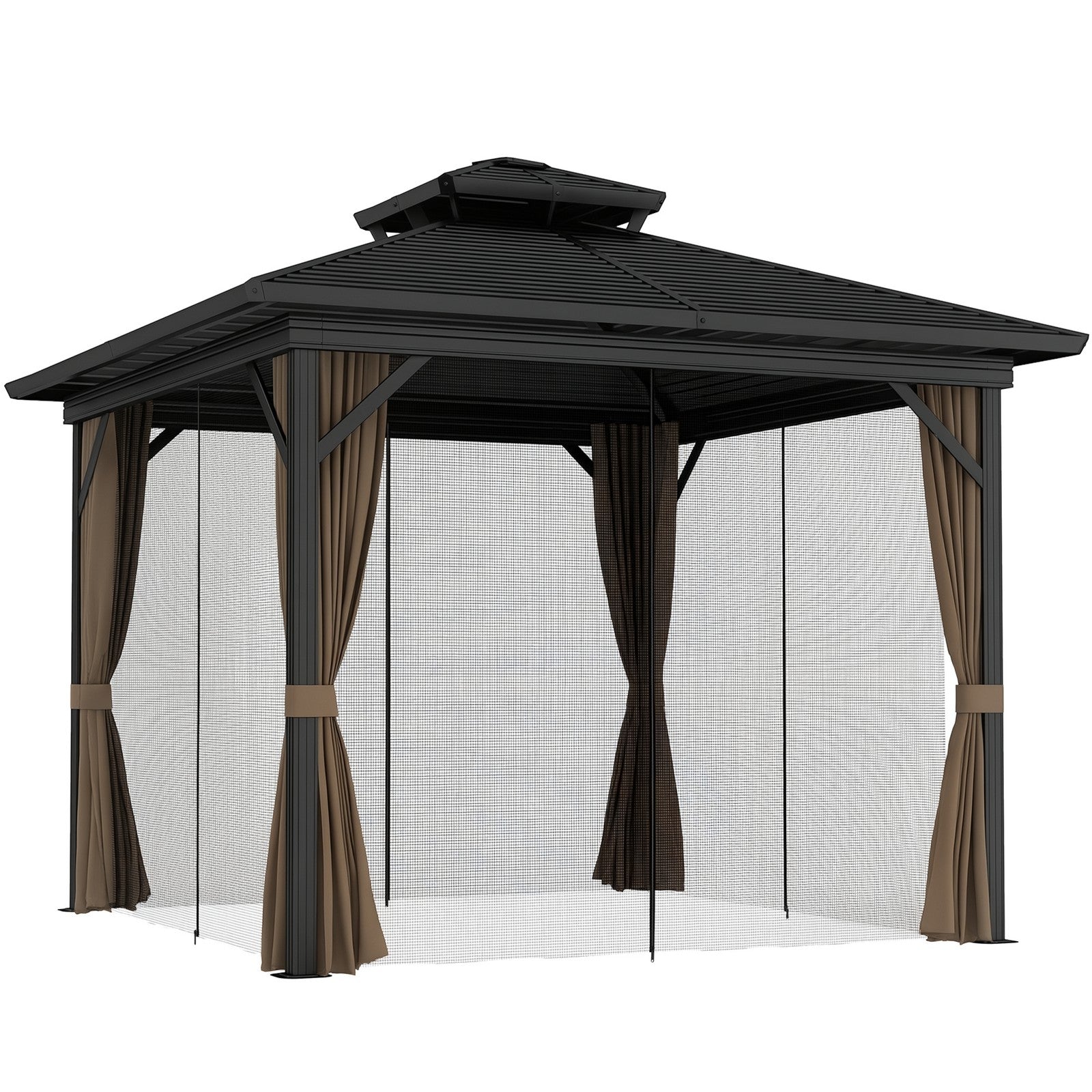 10' X 10' Hardtop Gazebo W/ Aluminum Frame Double Roof Sidewalls Brown