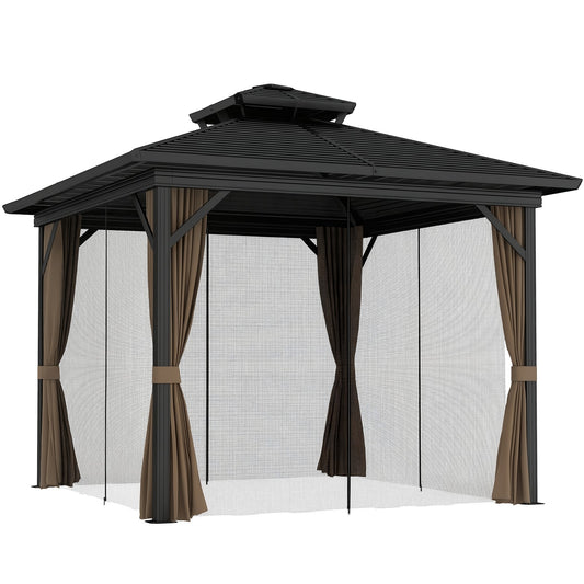 10' X 10' Hardtop Gazebo W/ Aluminum Frame Double Roof Sidewalls Brown