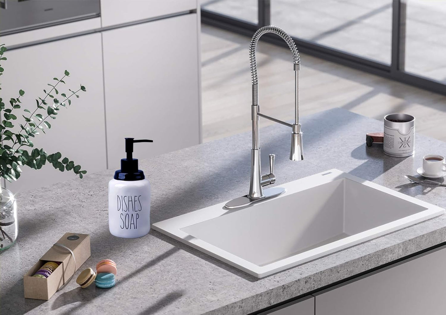 Ceramic Soap Dispenser Set for Dishes and Hands – Farmhouse Style Liquid Dispenser Bottles, Ideal for Kitchen Counter or Sink Décor (16 Oz, White with Black Pump and Lettering)