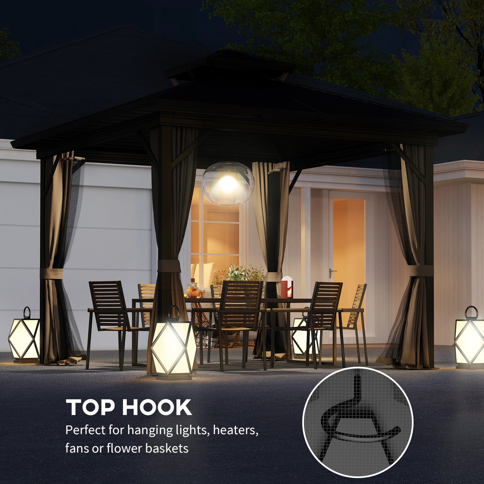 10' X 10' Hardtop Gazebo W/ Aluminum Frame Double Roof Sidewalls Brown