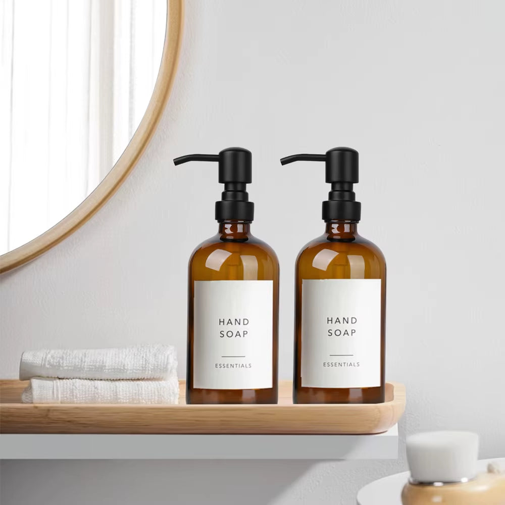 Amber Glass Soap Dispenser Set with Black Pump - 2 Piece 16oz (500ml) Liquid Hand Soap Dispenser for Bathroom and Kitchen