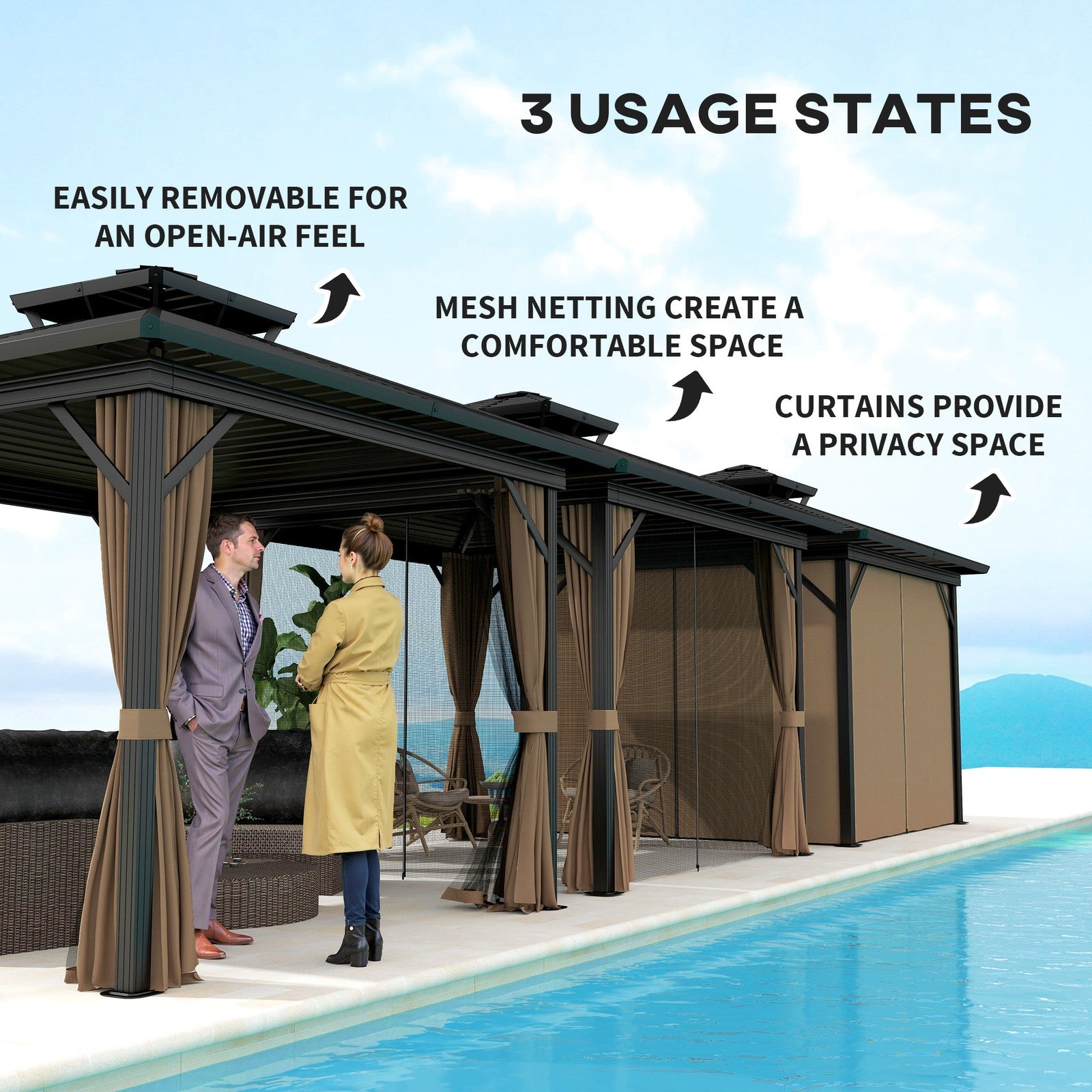 10' X 10' Hardtop Gazebo W/ Aluminum Frame Double Roof Sidewalls Brown