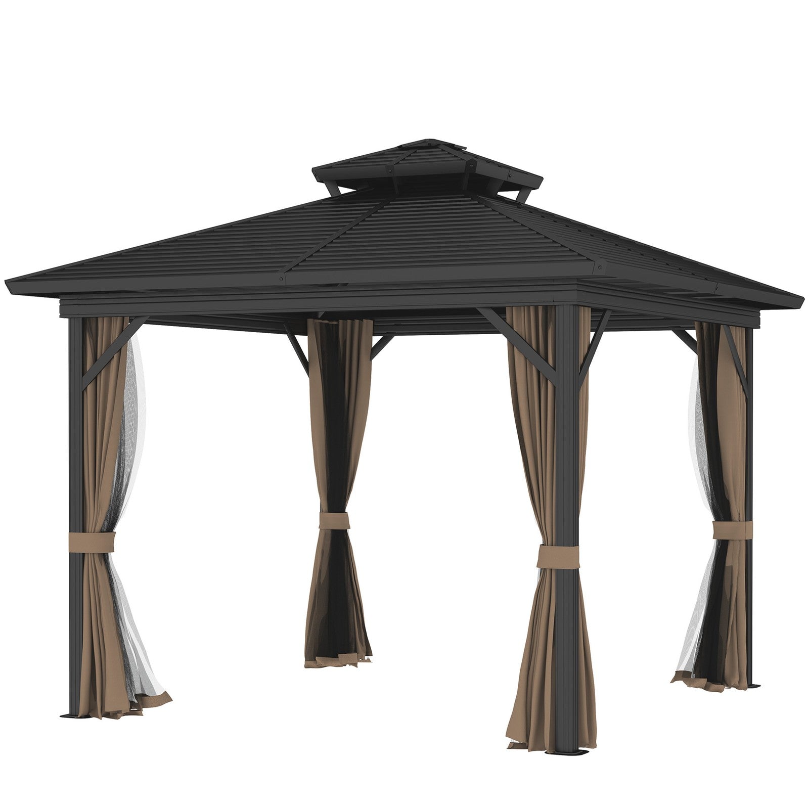 10' X 10' Hardtop Gazebo W/ Aluminum Frame Double Roof Sidewalls Brown