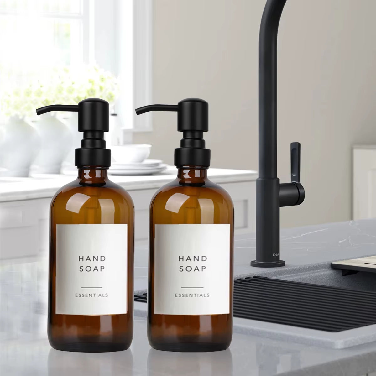 Amber Glass Soap Dispenser Set with Black Pump - 2 Piece 16oz (500ml) Liquid Hand Soap Dispenser for Bathroom and Kitchen
