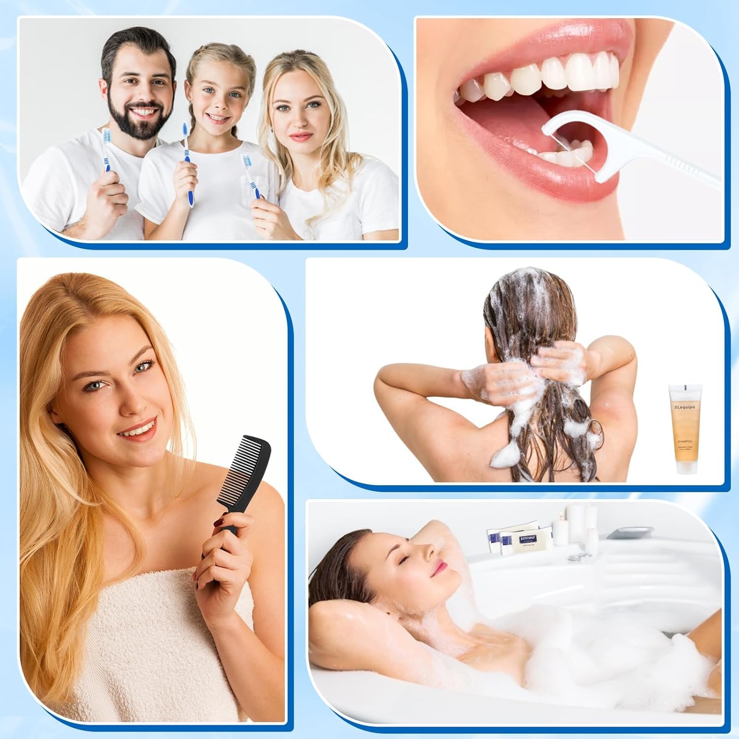 Hygiene Kit Set of 3 - Individually Packaged Travel Essentials Including Toothbrush, Toothpaste, Comb, Shampoo, Soap, and Floss Picks for Home, Hotel, Camping, and Travel Use