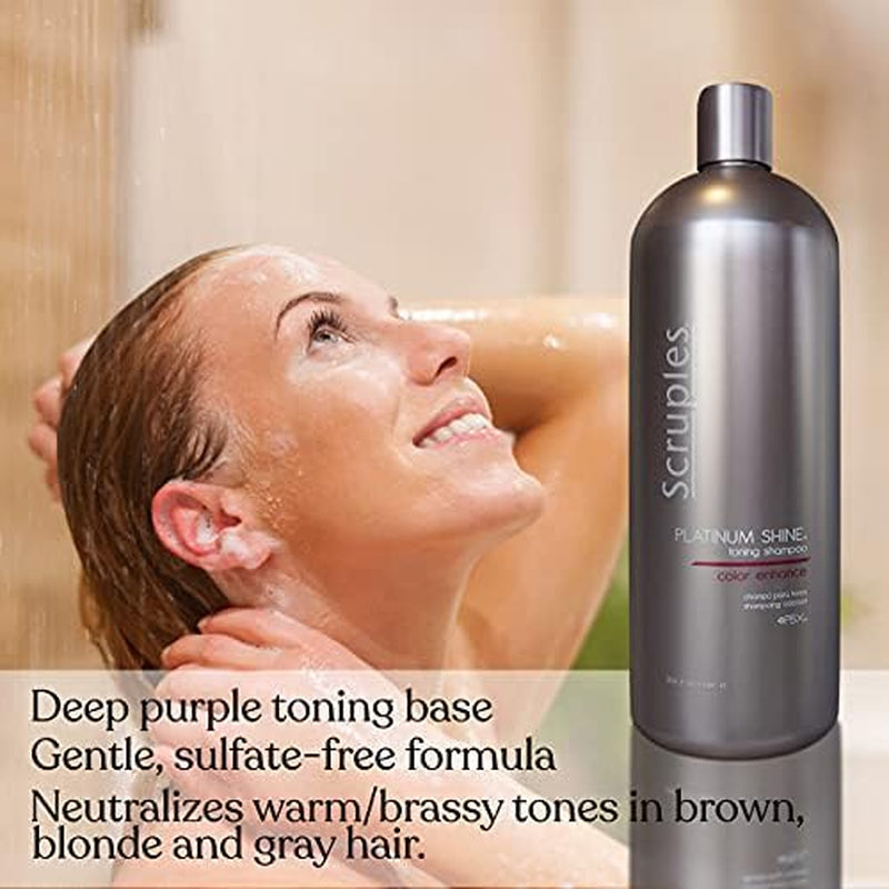 Say goodbye to brassiness and hello to radiant blonde locks! 💜✨ Try our Platinum Shine Purple Toning Shampoo for ultimate moisture and shine! Perfect for all hair types! #BlondeGoals #HairCare