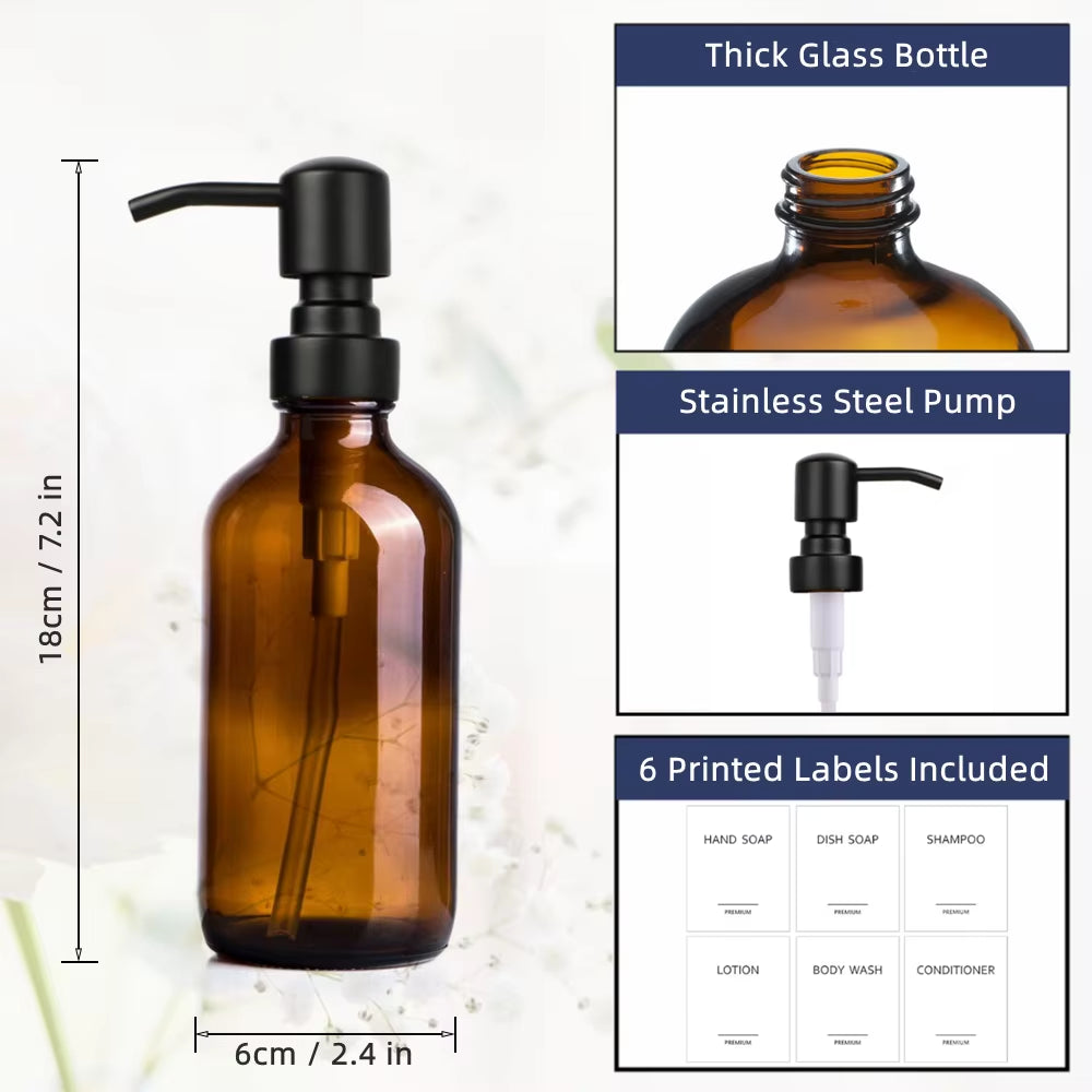Amber Glass Pump Bottle Dispenser Set for Liquid Soap and Lotion, 2 Pieces, 8 Oz (250 Ml)