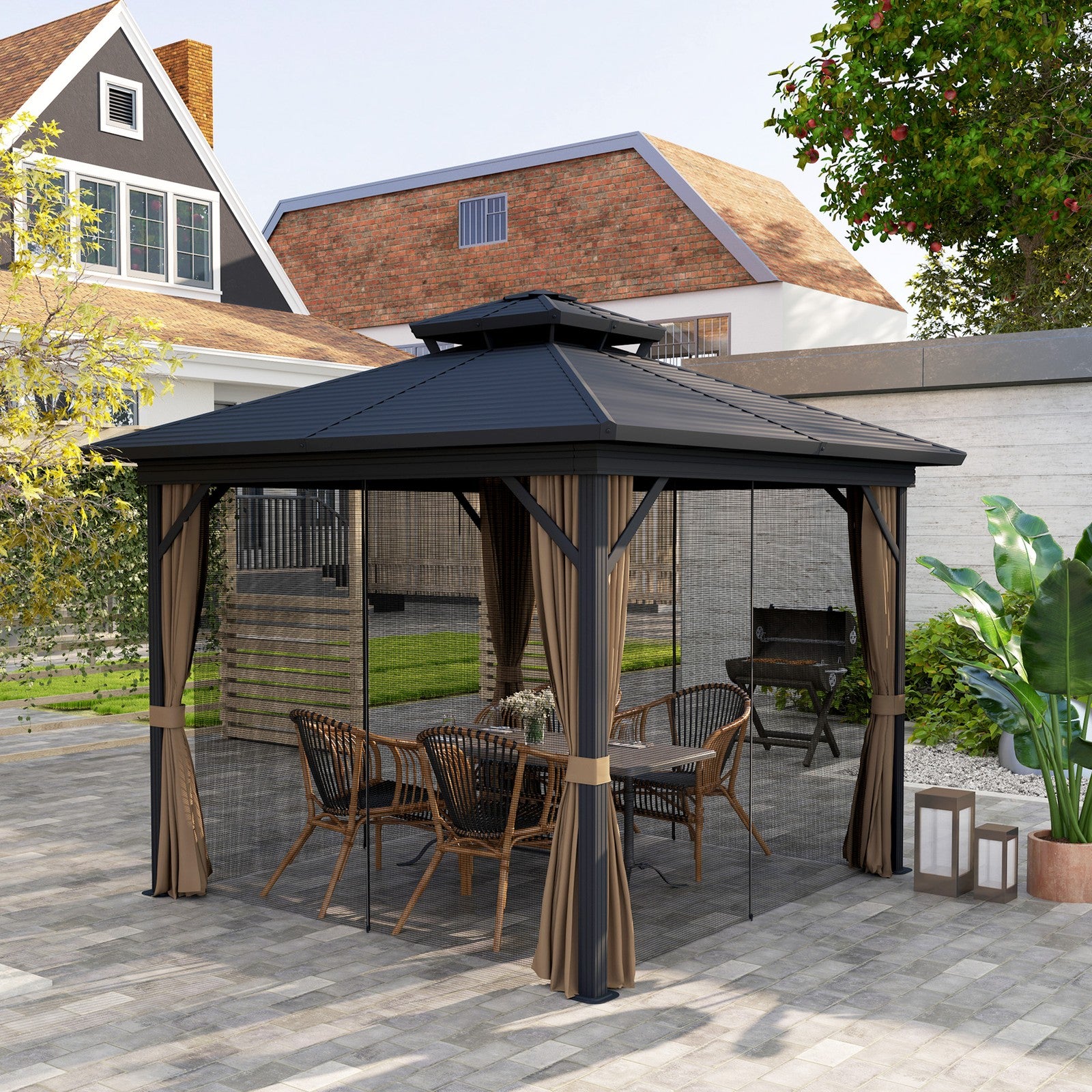10' X 10' Hardtop Gazebo W/ Aluminum Frame Double Roof Sidewalls Brown